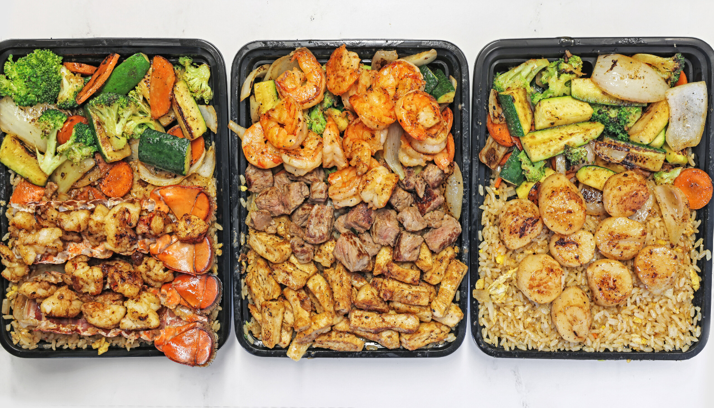 Alpha Hibachi's steak, shrimp, rice and vegetable plates